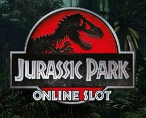 Dinosaur mot rød bakgrunn i jungelen. Teksten jurassic Park online slot