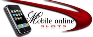 Mobiltelefon, rødt banner og teksten Mobile online slots